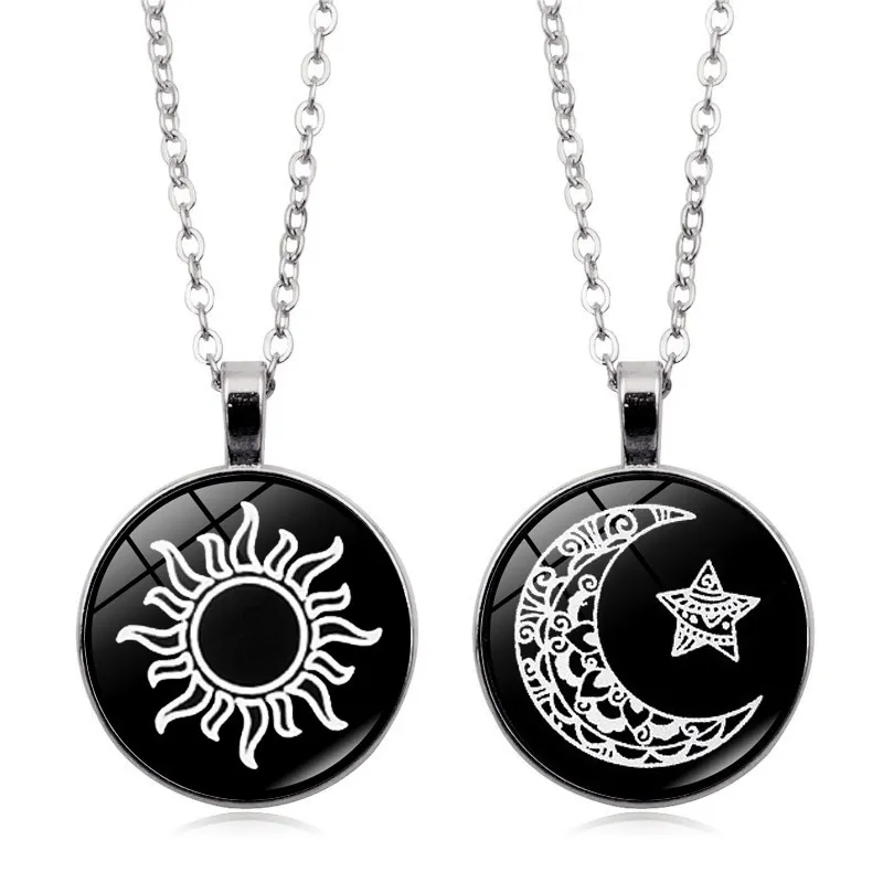 Glow-in-the-Dark Sun & Moon Lovers Pendant Necklace – Vintage Glass Cabochon, Luminous Retro Couple’s Jewelry, Romantic Gift for Her & Him
